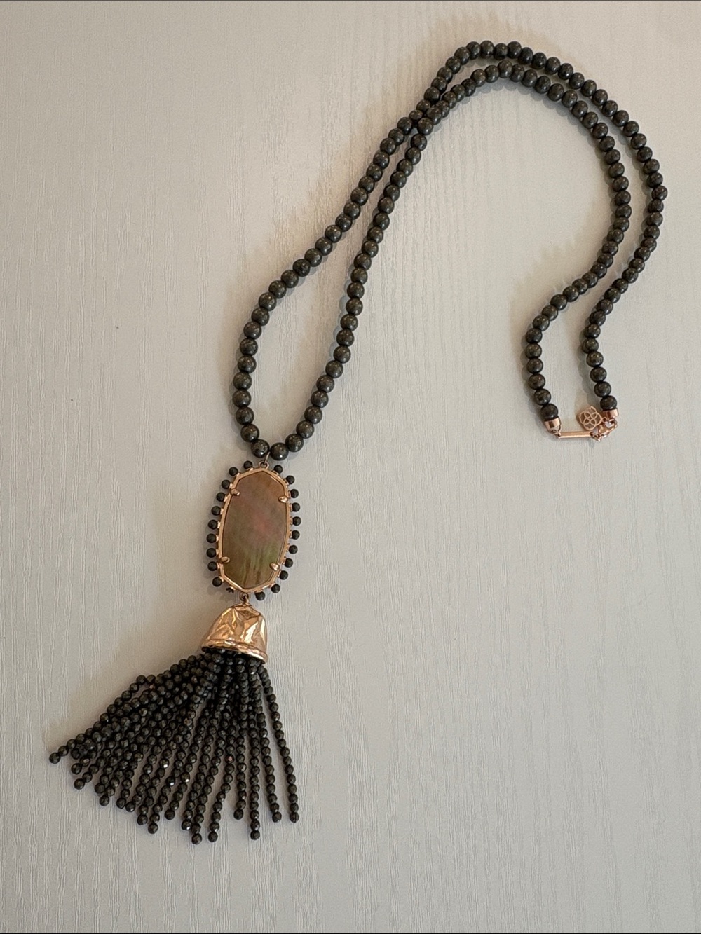 Kendra Scott Rayne Brown Beaded Tassel Necklace with Iridescent Pendant